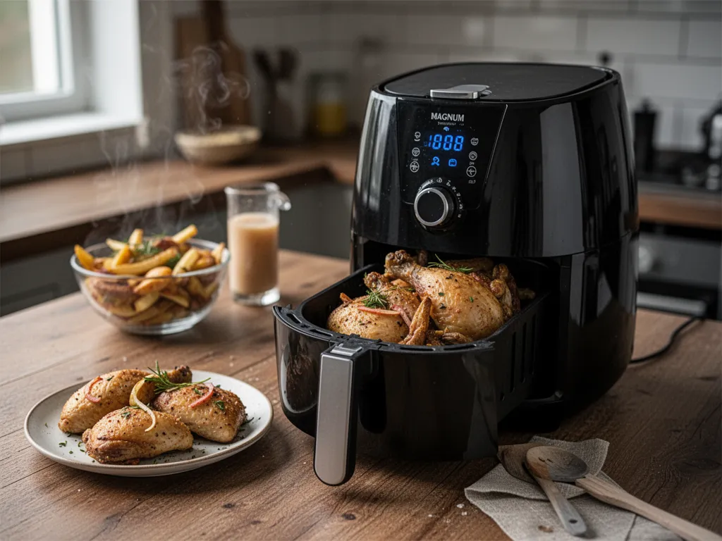 Un air fryer ouvert avec des légumes rôtis et un smartphone affichant une recette en PDF