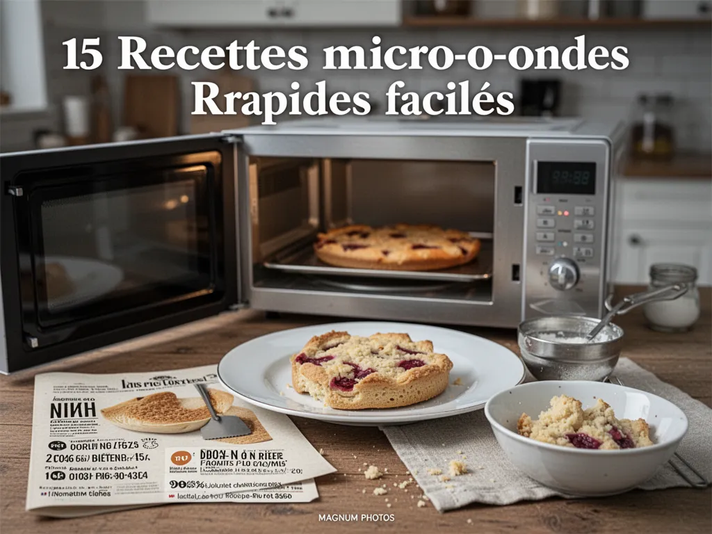 Assortiment de petits plats cuits au micro-ondes posés sur une table : mug cake, légumes vapeur et un petit gratin.