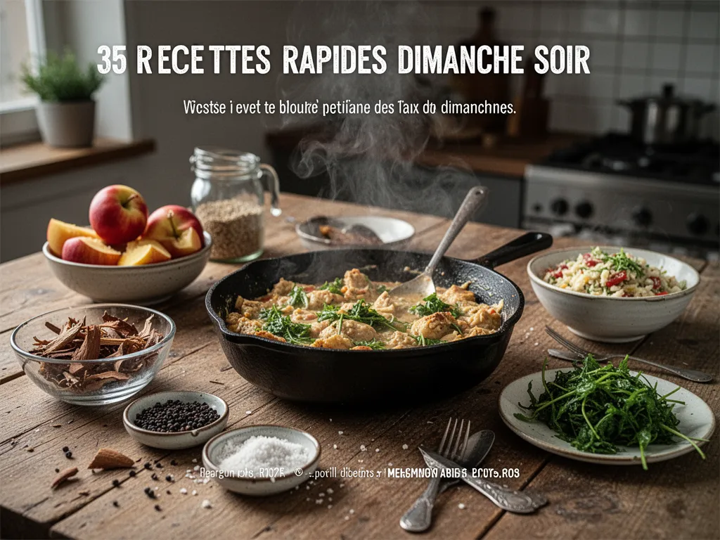 Table de cuisine avec plusieurs petites assiettes de dîner du dimanche soir : croque, salade, pâtes, saumon et dessert au chocolat.