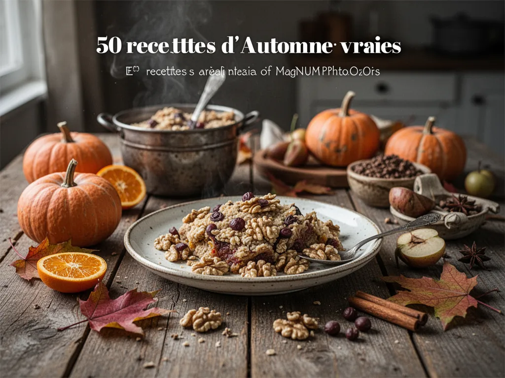 Table d’automne dressée avec soupe de courge, gratin, champignons poêlés, tarte aux pommes et parts de gâteau au chocolat.
