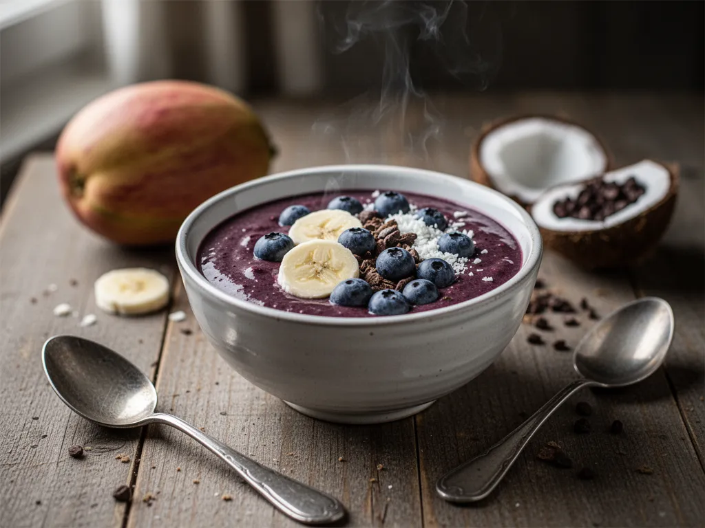 Bol d'açaï épais surmonté de granola, rondelles de banane, graines de chia et copeaux de noix de coco, avec une cuillère plantée dedans.