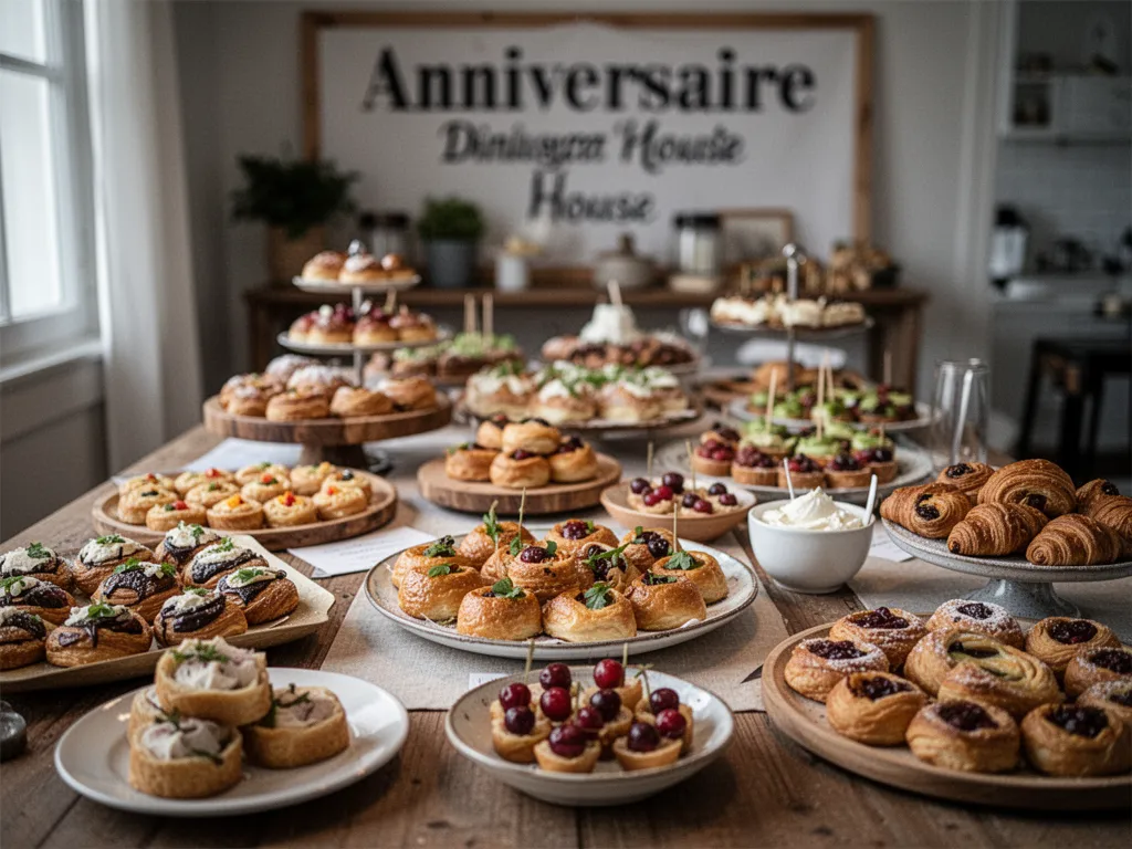 Table d’anniversaire dressée en buffet dînatoire maison avec bouchées salées, cakes tranchés, verrines, brochettes et gâteau au chocolat.