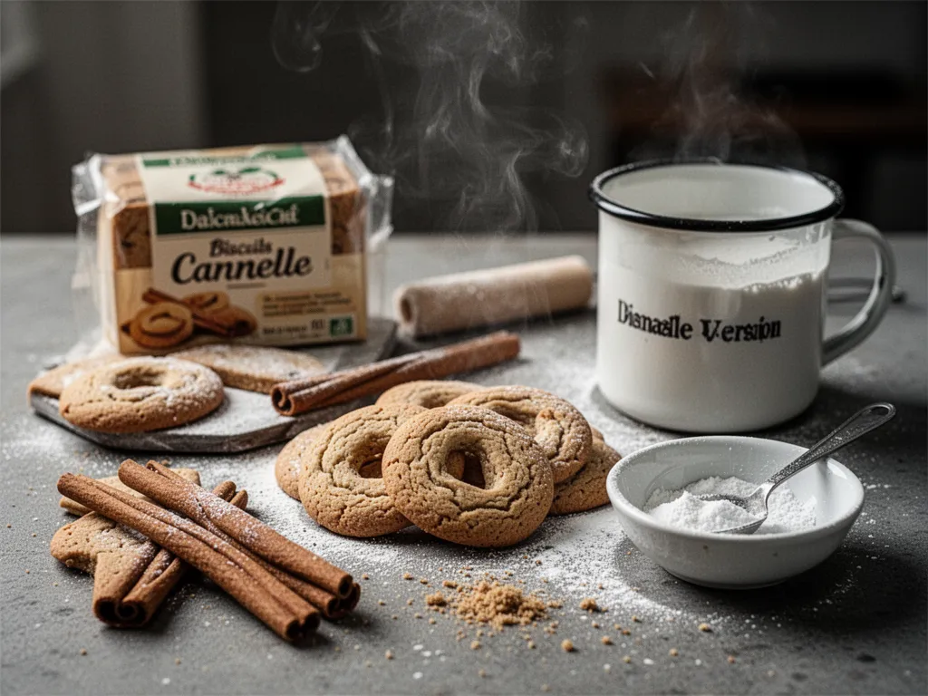Gros plan sur des biscuits dorés saupoudrés de cannelle et disposés en éventail sur une nappe à carreaux.