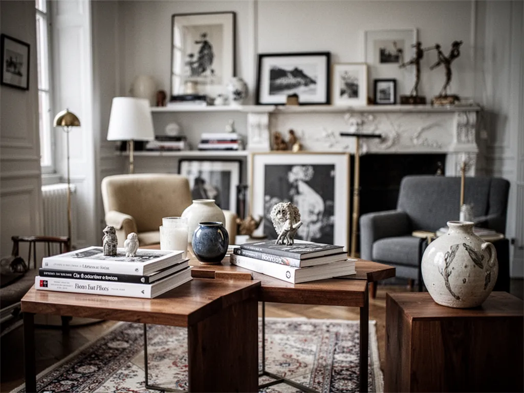 Salon lumineux avec table basse, canapé clair, étagères décorées et carnets ouverts montrant des idées d’aménagement intérieur.