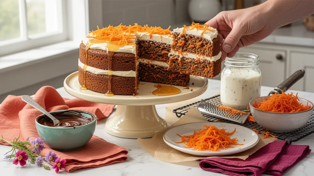 Tranche de carrot cake au glaçage cream cheese posée sur une assiette, on voit les éclats de noix et des filaments de carotte.