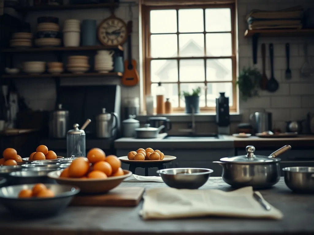 Cuisine au style industriel vintage avec meubles en bois et métal, étagères ouvertes, éclairage suspendu, crédence en briques.