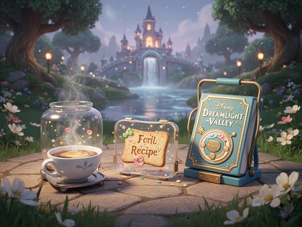 Capture d'écran du jeu Disney Dreamlight Valley montrant l'interface de cuisine avec une liste de recettes et des ingrédients.