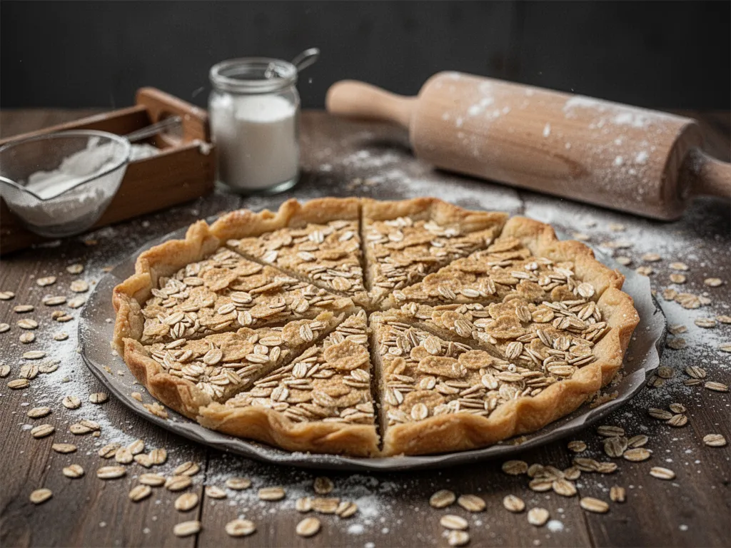 Galettes de flocons d’avoine dorées dans une poêle, avec un bol de flocons, un œuf et quelques épices sur un plan de travail.