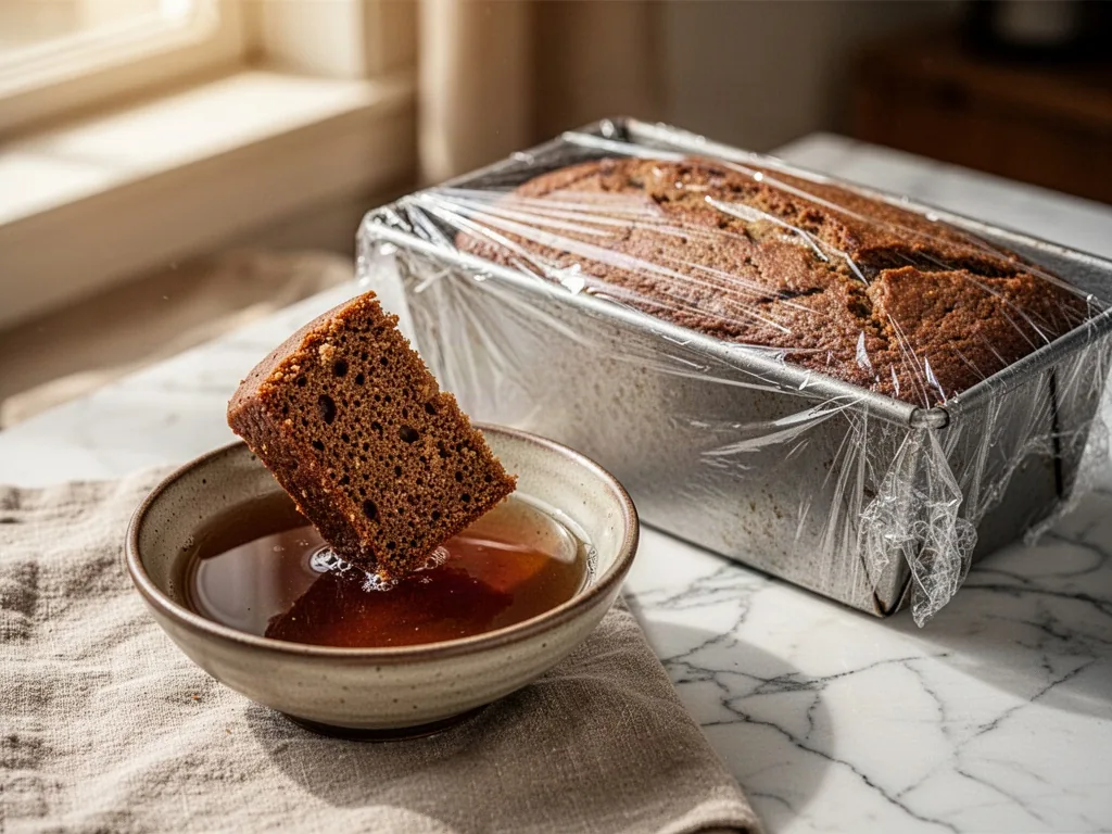 A slice of brown tea cake being dipped into a shallow bowl of dark tea beside a rectangular loaf pan covered with clear 