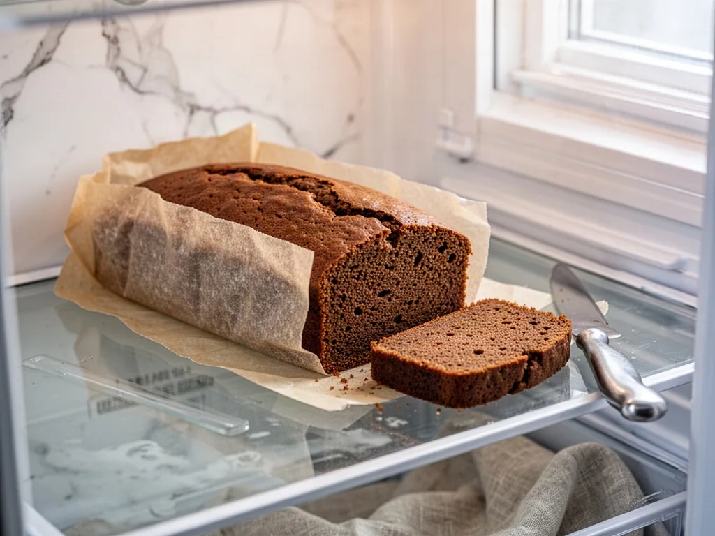 A whole brown tea cake wrapped in parchment paper on a refrigerator glass shelf, a knife resting beside a neat slice cut