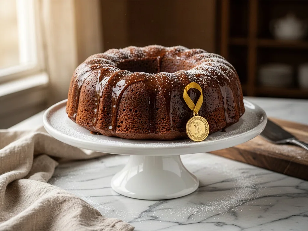 A glossy brown tea cake on a white pedestal stand with a small gold medal ribbon pinned to its side, surrounded by powde