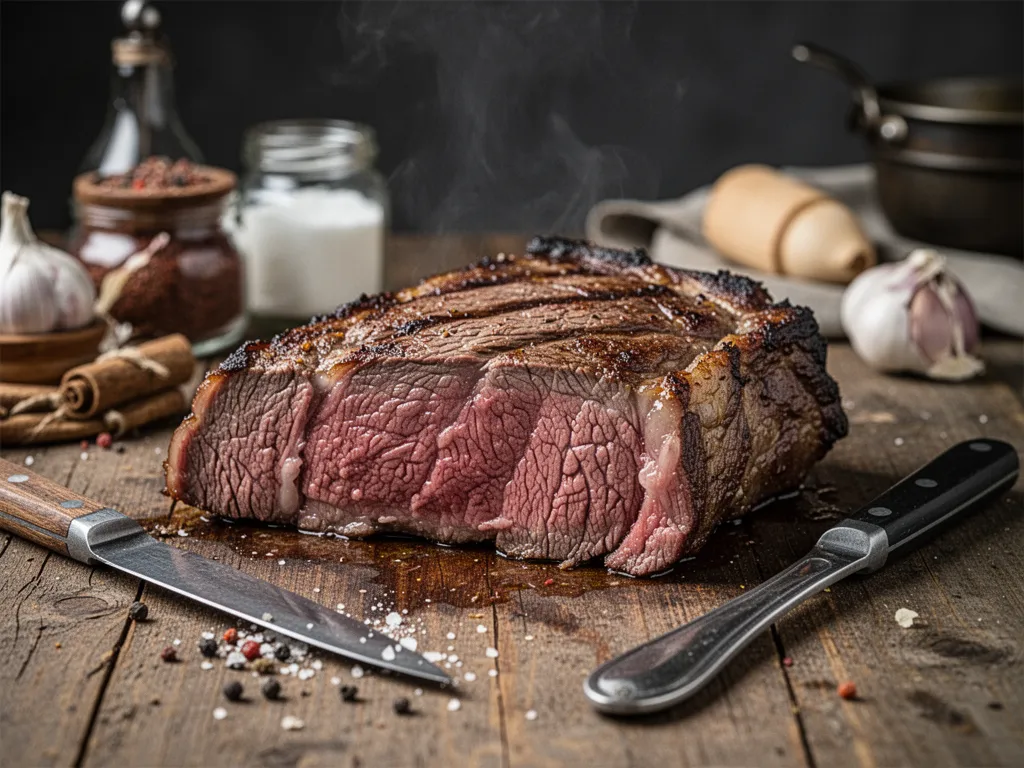 Langue de bœuf tranchée servie avec une sauce brune, des cornichons et des légumes dans une assiette creuse.