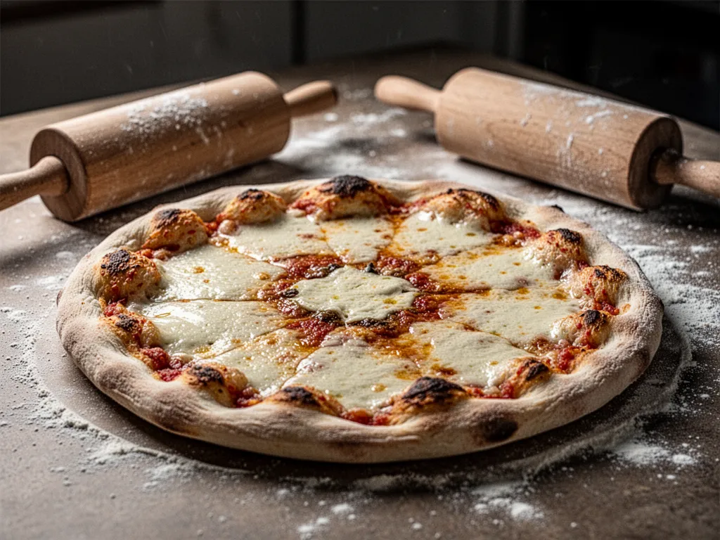 Une pâte à pizza sans gluten étalée sur du papier cuisson avec un bol de farine, de l'huile d'olive et une garniture tomate mozzarella à côté.