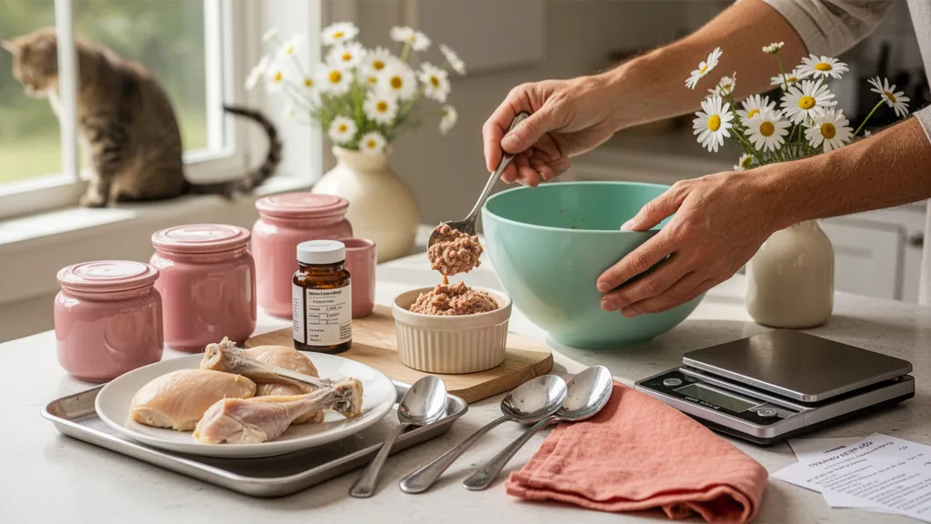 Bol de pâtée maison pour chat, texture moelleuse, posé à côté d'une spatule et d'un récipient de cuisson.