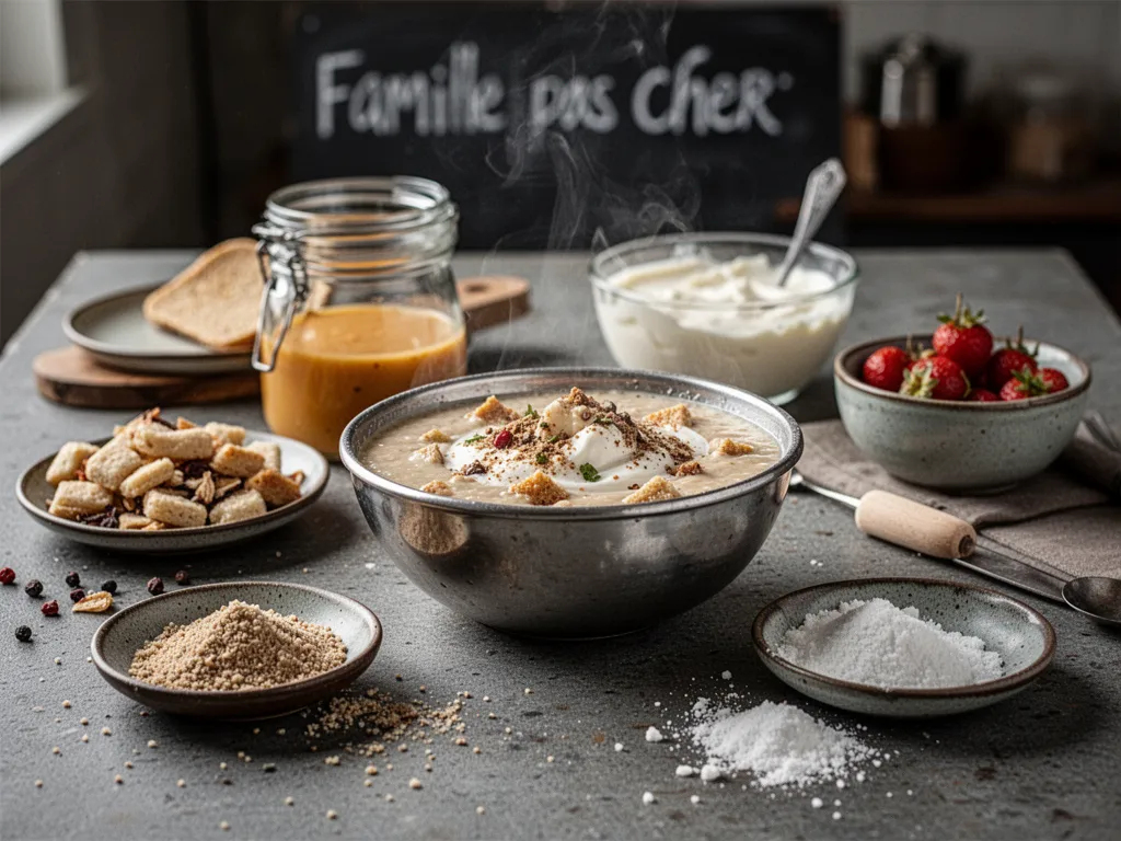 Table familiale simple avec un plat principal, légumes, pain et un dessert rustique posé au centre.