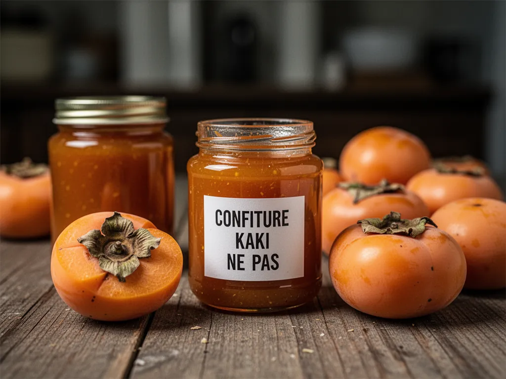 Pot de confiture de kaki ouvert sur une planche en bois, kakis frais et gousse de vanille autour.