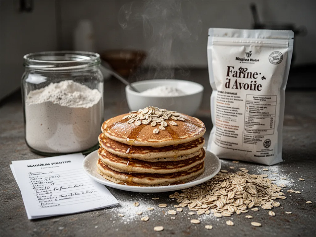 Bol de pâte à pancakes à la farine d'avoine, poêle chaude et poignée de myrtilles à côté