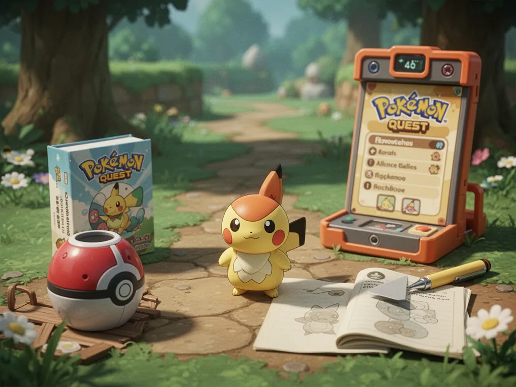 Marmite Pokémon Quest avec des ingrédients colorés disposés autour, comme une préparation de pâtisserie.