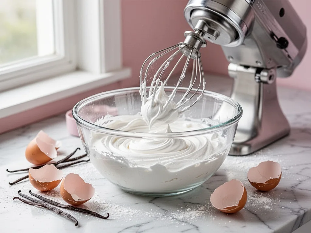 A stainless steel stand mixer whisk attachment lifting glossy white meringue peaks in a glass bowl, scattered eggshells 