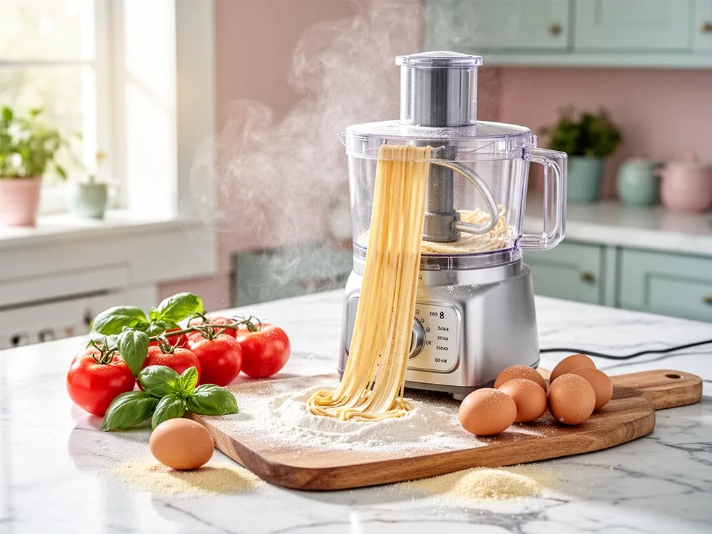 A multifunction food processor with dough hook and fresh pasta sheet emerging, flour cloud, tomatoes, basil, brown eggs 