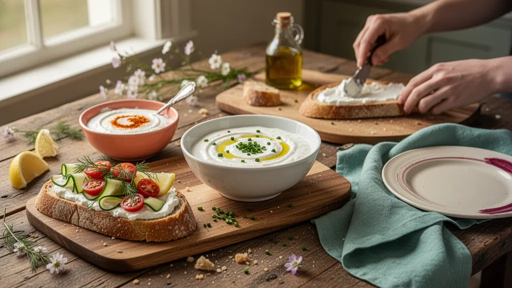 Bol de skyr garni d'herbes, câpres et zeste de citron, posé sur un plan de travail en bois.