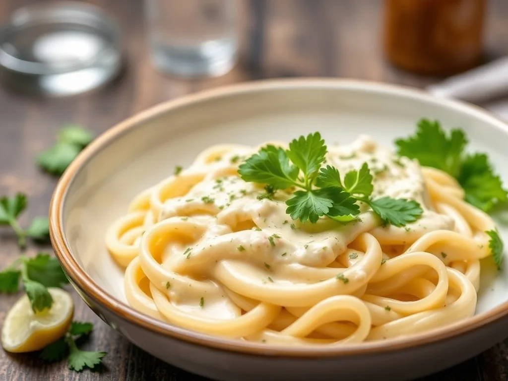 Assiette de fettuccine nappée de sauce Alfredo crémeuse, avec copeaux de parmesan et persil frais, cuillère en bois posée à côté.