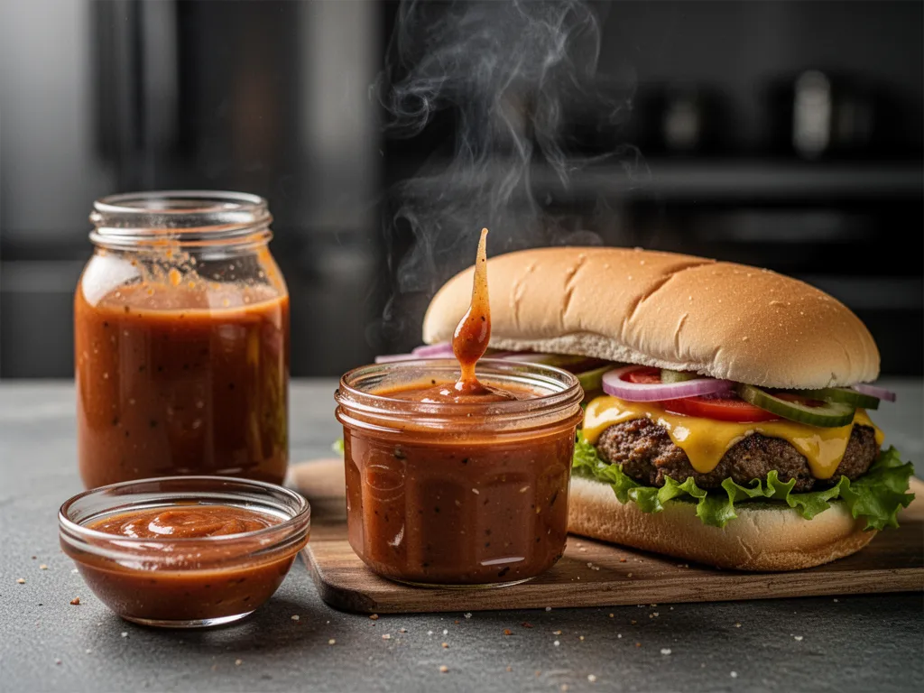 Un bol de sauce Biggy maison crémeuse et légèrement orangée, entouré des ingrédients : mayonnaise, ketchup, cornichons hachés, oignon émincé, ail en poudre et curcuma sur un plan de travail en bois.