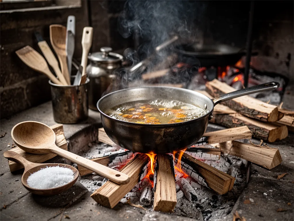 Plan serré sur plusieurs ustensiles de cuisine en bois posés sur un plan de travail : cuillère, spatule, maryse et planche.